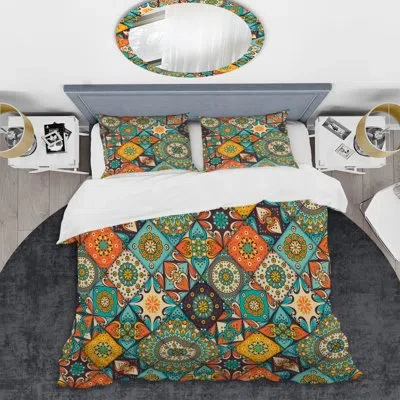 Design Art Multicolor Floral Patchwork - Abstract Duvet Cover Set - Microfiber Polyester In Orange,blue,yellow