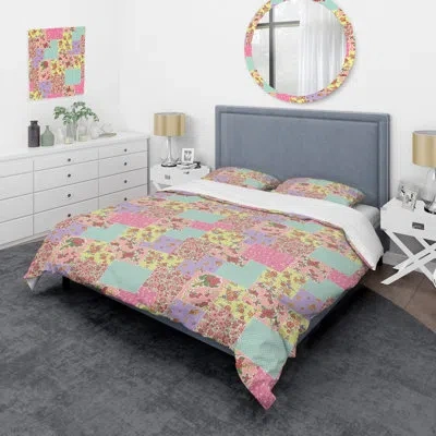 Design Art Multicolor Floral Patchwork - Abstract Duvet Cover Set - Microfiber Polyester In Yelow,pink,blue