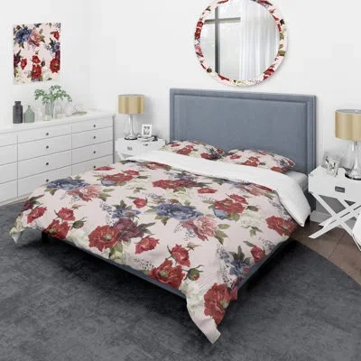 Design Art Multicolor Floral Peony - Cabin & Lodge Duvet Cover Set In Red,green,blue