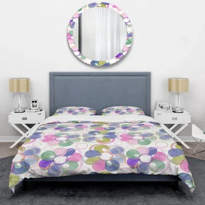 Design Art Multicolor Flowers - Floral Duvet Cover Set - Microfiber Polyester In Green,purple,pink