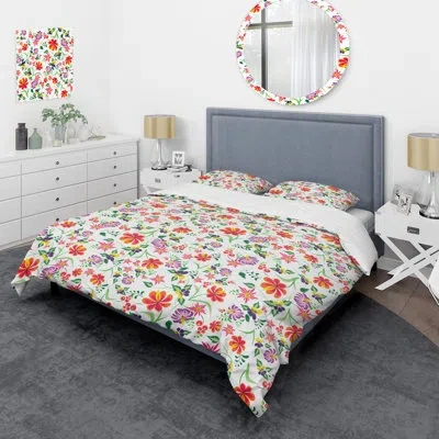 Design Art Multicolor Flowers - Floral Duvet Cover Set - Microfiber Polyester In Orange,green