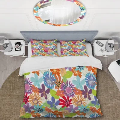Design Art Multicolor Flowers - Floral Duvet Cover Set - Microfiber Polyester In Pink,green,orange