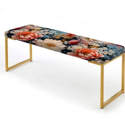 Design Art Multicolor Flowers On Blue Grace - Floral Upholstered Gold Bench
