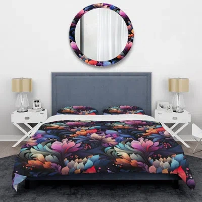 Design Art Multicolor Futurist Damask Nexus - Floral Duvet Cover Set In Pink