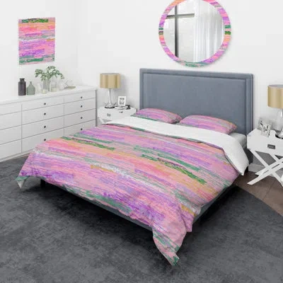 Design Art Multicolor Grunge Striped - Abstract Duvet Cover Set - Microfiber Polyester In Pink,green