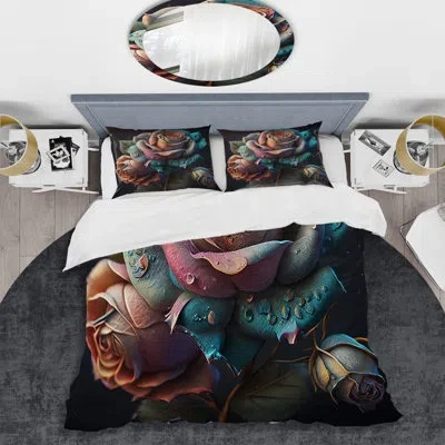 Design Art Multicolor Hyper Realistic Roses - Floral Duvet Cover Set - Microfiber Polyester In Blue;pink