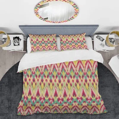 Design Art Multicolor Ikat Pattern Duvet Cover Set In Green,pink,yellow