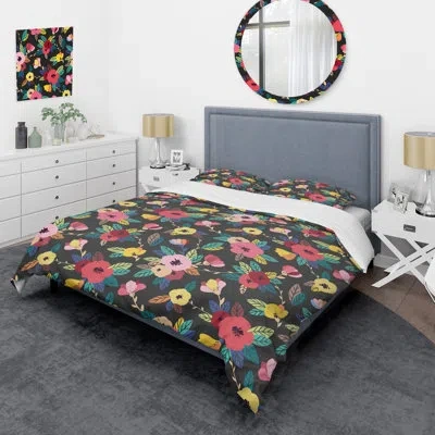 Design Art Multicolor Leave And Flower - Floral Duvet Cover Set - Microfiber Polyester In Red,green,yellow