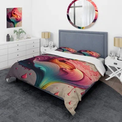 Design Art Multicolor Liquid Ink Tulip Flowers I - Floral Tulip Duvet Cover Set - Microfiber Polyester In Blue;black;pink