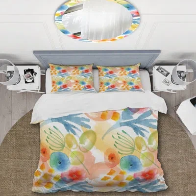 Design Art Multicolor Modern Floral - Cabin & Lodge Duvet Cover Set In Blue,white,orange