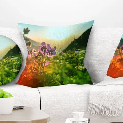 Design Art Multicolor Mountains Meadow View - Floral Printed Pillow In Green
