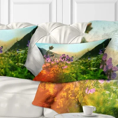 Design Art Multicolor Mountains Meadow View - Floral Printed Throw Pillow