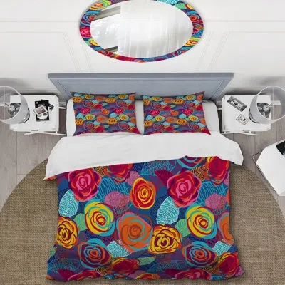 Design Art Multicolor Roses Multicolor Roses - Cabin & Lodge Duvet Cover Set In Red,blue,yellow
