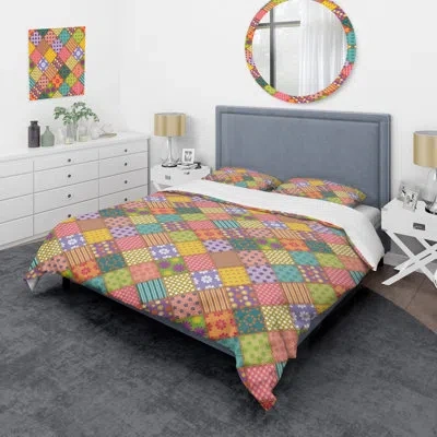 Design Art Multicolor Square Patchwork - Abstract Duvet Cover Set - Microfiber Polyester In Pink,yellow