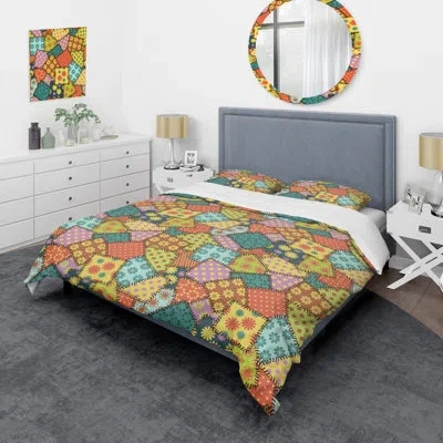 Design Art Multicolor Square Patchwork - Abstract Duvet Cover Set - Microfiber Polyester In Yellow,green