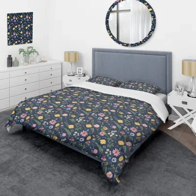 Design Art Multicolor Summer Floral - Floral Duvet Cover Set - Microfiber Polyester In Yellow;navy;multicolor