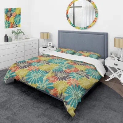 Design Art Multicolor Summer Flowers - Cabin & Lodge Duvet Cover Set In Blue,yellow,orange