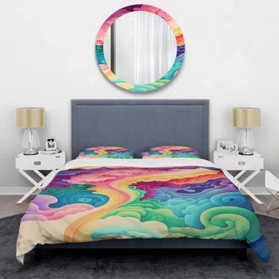 Design Art Multicolor Swirly Clouds Ii - Abstract Duvet Cover Set - Microfiber Polyester In Green;pink