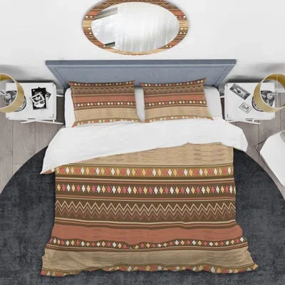 Design Art Multicolor Tribal Striped - Abstract Duvet Cover Set - Microfiber Polyester In Brown