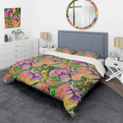 Design Art Multicolor Tropical Leaves - Floral Duvet Cover Set - Microfiber Polyester In Green,purple,red