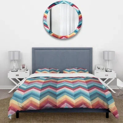Design Art Multicolor Urban Geometry Chevron Pattern - Chevron Duvet Cover Set - Microfiber Polyester In Pink