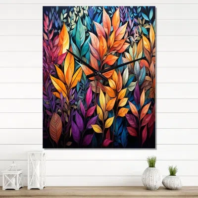 Design Art Multicolor Vibrant Foliage - Abstract Botanicals Wall Clock In Blue;yellow;purple