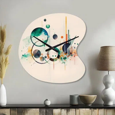 Design Art Multi-color Watercolor Geometric Art Ii - Unique Shape Modern Metal Wall Clock, Green Wall Clock Pri In Green;orange