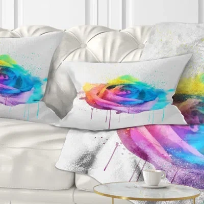 Design Art Multicolor Watercolor Rose Flower - Floral Printed Throw Pillow In Blue