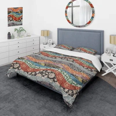 Design Art Multicolor Waves Patchwork Multicolor Waves Patchwork Duvet Cover Set In Blue;black;orange