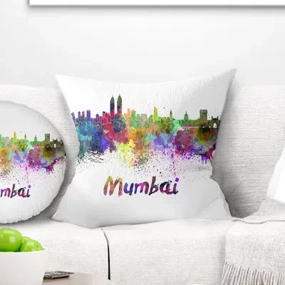 Design Art Mumbai Skyline - Cityscape Printed Pillow In Yellow;purple