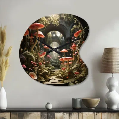 Design Art Mushroom The Secret Garden - Mushroom Asymmetrical Metal Wall Clock, Country Irregular Shape Wall Cl In Multi-color