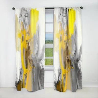 Design Art Mustard Yellow And Vivid Gray I - Abstract Velvet Curtain - 1 Panel In White;gold