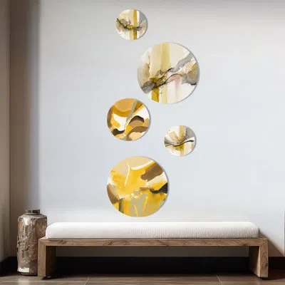 Design Art Mustard Yellow Retro I - Abstract Liquid Ink Metal Wall Décor
