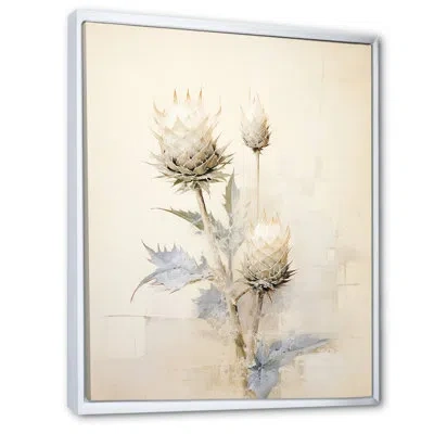 Design Art Muted Tone Beige Thistle Flower Ii - Thistle Wall Art Living Room In White Floater Framed