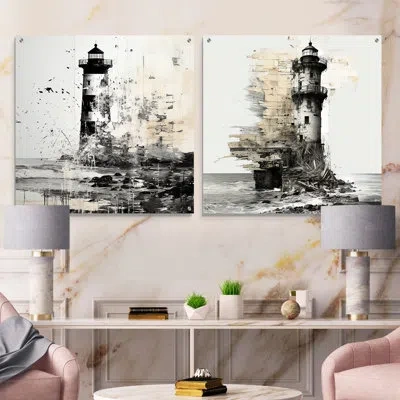Design Art Mysterious Black And White Lighthouse - Coastal Acrylic Wall Art Glass Set Of 2 In Black,white