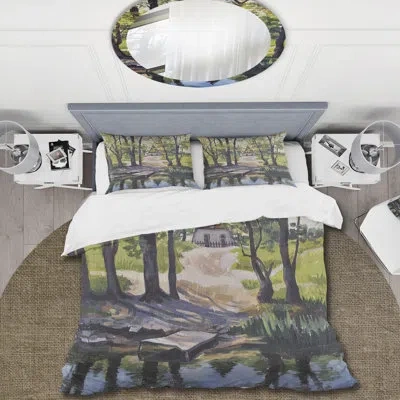 Design Art Mysterious House By The River In The Woods - Lake House Duvet Cover Set - Microfiber Polyester In Green,brown,beige