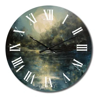 Design Art Mysterious Misty Sunset Over Teal Lake Iii Metal Wall Clock In Blue