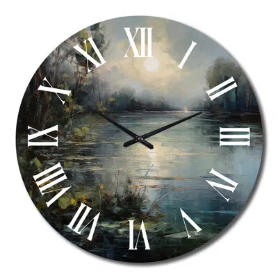Design Art Mysterious Misty Sunset Over Teal Lake Iv Metal Wall Clock In Blue