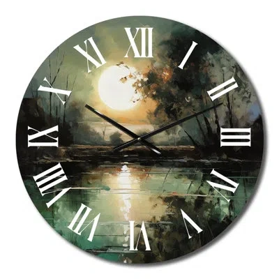 Design Art Mysterious Misty Sunset Over Teal Lake Vi Metal Wall Clock In Blue