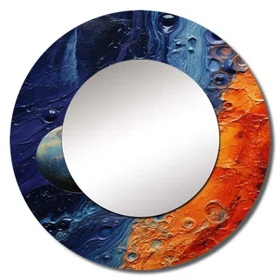 Design Art Mysterious Solar System Dream I - Our Solar System Mirror, Blue Round Unique Wall Mirror, Printed Me In Blue;orange