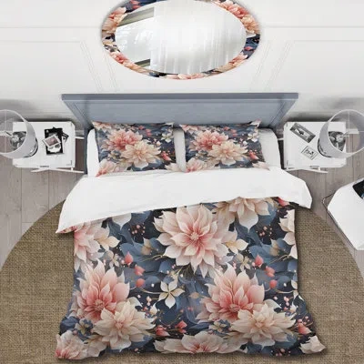 Design Art Mystic Aura Pink And Beige Floral Delight Duvet Cover Set In Black;gray;pink
