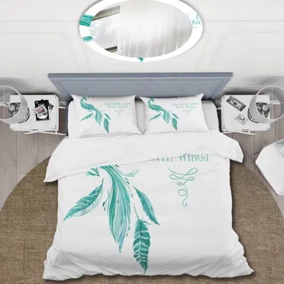 Design Art Mystic Mint Bird You Were Born With Wings - Traditional Duvet Cover Set - Microfiber Polyester In Teal