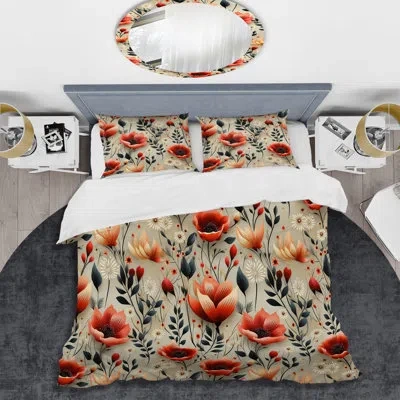 Design Art Mystic Red Garden Blooms Beauty I - Floral Duvet Cover Set In Red;teal