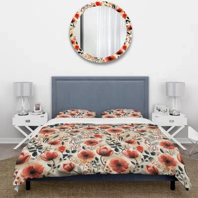 Design Art Mystic Red Garden Blooms Beauty Ii - Floral Duvet Cover Set In Red;teal
