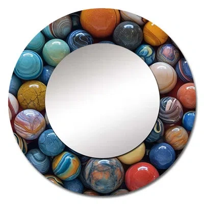 Design Art Mystical Marbles Ii - Abstract Shapes Decorative Mirror, Modern Round Wall Mirror, Printed Metal Art In Blue;orange
