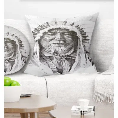 Design Art Native American Indian - Indian Printed Throw Pillow In Black;white