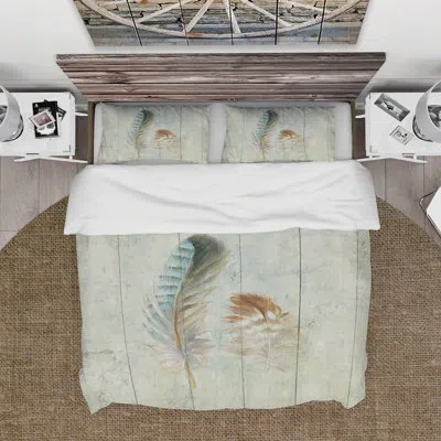 Design Art Natural Feathers On Wood I Farmhouse Duvet Cover Set In Gray