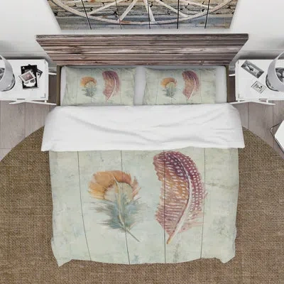 Design Art Natural Feathers On Wood Ii Farmhouse Duvet Cover Set In Gray