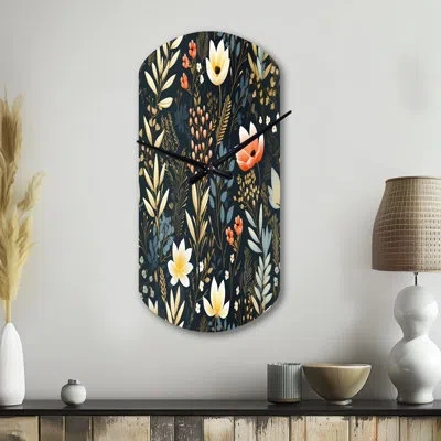 Design Art Nature's Exquisite Floral Collage - Floral Cylinder Metal Wall Clock, Cottage Asymmetrical Wall Cloc In White;green