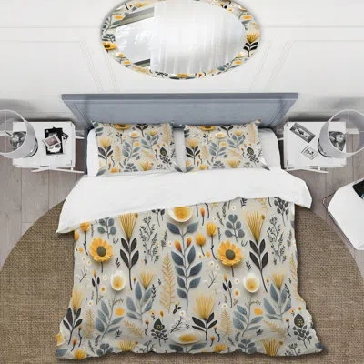 Design Art Nature's Exquisite Floral Collage Ii - Floral Duvet Cover Set In Gray;yellow